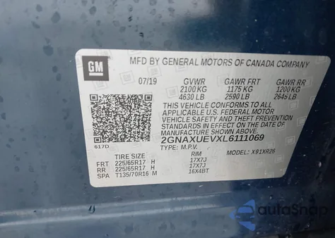 2020 Chevrolet Equinox Awd Lt 1.5L Turbo z USA, uszkodzony, nr VIN 2GNAXUEVXL6111069